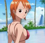  1girl angry animated animated_gif back bangs bikini black_eyes bounce bouncing_breasts breasts cleavage cloud crossed_arms earrings from_behind inoue_eisaku jewelry large_breasts nami_(one_piece) one_piece orange_hair outdoors palm_tree parted_bangs short_hair sideboob sky solo swimsuit tattoo tree upper_body 