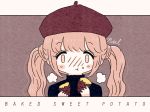  bangs beret black_shirt blush brown_background brown_hat eating english eyebrows_visible_through_hair food hat long_hair no_nose noeru_(noellemonade) nose_blush original pink_hair portrait shirt sidelocks signature solo sweet_potato twintails 