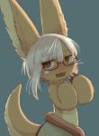  alternate_hair_length alternate_hairstyle ambiguous_gender animal_ears blue_background brown_eyes eyebrows_visible_through_hair furry glasses highres kawasemi27 looking_away made_in_abyss nanachi_(made_in_abyss) nervous parted_lips red-framed_eyewear semi-rimless_eyewear short_hair simple_background tail under-rim_eyewear upper_body white_hair 