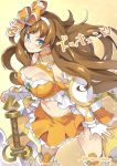  blue_eyes breasts brown_hair cleavage commentary_request dragalia_lost fingerless_gloves gloves hair_ribbon julietta_(dragalia_lost) large_breasts long_hair midriff navel orange_skirt ribbon skirt super_zombie twitter_username 