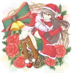  :d alternate_costume bell black_hair brown_eyes brown_footwear christmas detached_sleeves full_body fur-trimmed_boots fur_trim green_skirt gurifu hair_between_eyes hair_ornament hairclip haruna_(kantai_collection) hat highres kantai_collection long_hair looking_at_viewer midriff mistletoe navel open_mouth pinecone pleated_skirt santa_costume santa_hat skirt smile solo white_background 