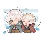  1girl braid cape chibi closed_eyes closed_mouth commentary elley226 eponine_(fire_emblem_if) eyepatch father_and_daughter fire_emblem fire_emblem_heroes fire_emblem_if flag long_hair messy_hair open_mouth short_hair smile twin_braids twitter_username white_hair zero_(fire_emblem_if) 