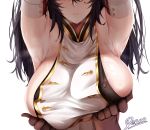  1girl absurdres armpits arms_up artist_name black_hair blush breast_lift breasts commentary_request deroo elbow_gloves erect_nipples erune gloves granblue_fantasy head_out_of_frame highres ilsa_(granblue_fantasy) large_breasts long_hair simple_background solo_focus sweat upper_body white_background 