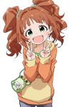  :d absurdres bag brown_hair commentary_request double_v green_eyes hair_intakes hair_ornament handbag hands_up head_tilt highres hood hood_down hoodie idolmaster idolmaster_(classic) long_sleeves looking_at_viewer medium_hair open_mouth simple_background smile solo takatsuki_yayoi twintails v white_background yamamoto_souichirou 