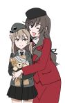  ;d bandages bangs beret black_hat black_jacket black_neckwear black_skirt boko_(girls_und_panzer) brown_eyes brown_hair chinese_commentary closed_mouth commentary cowboy_shot dress_shirt emblem formal girls_und_panzer hat high_collar holding holding_stuffed_animal hug hug_from_behind jacket japanese_tankery_league_(emblem) light_brown_eyes light_brown_hair long_hair long_sleeves looking_at_viewer military military_hat military_uniform miniskirt mother_and_daughter multiple_girls neck_ribbon necktie one_eye_closed open_mouth perfect_han pleated_skirt red_jacket ribbon selection_university_military_uniform shimada_arisu shimada_chiyo shirt simple_background skirt skirt_suit smile standing stuffed_animal stuffed_toy suit teddy_bear uniform white_background white_shirt 