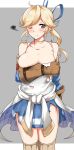  ;( absurdres ahoge aoi_renji bare_shoulders blonde_hair blue_eyes blue_skirt blush breasts brown_gloves cleavage collarbone covering covering_breasts cowboy_shot cucouroux_(granblue_fantasy) eyebrows_visible_through_hair gloves granblue_fantasy hair_ribbon highres large_breasts ribbon simple_background skirt solo torn_clothes 