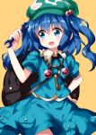  backpack bag bangs blue_eyes blue_hair blue_shirt blue_skirt blush cabbie_hat commentary_request cowboy_shot eyebrows_visible_through_hair frilled_shirt_collar frills green_hat hair_between_eyes hair_bobbles hair_ornament hand_on_hip hand_up hat highres holding holding_wrench kawashiro_nitori key long_hair open_mouth pouch puffy_short_sleeves puffy_sleeves ruu_(tksymkw) shirt short_sleeves simple_background skirt smile solo standing touhou two_side_up wrench yellow_background 