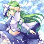  aka_tawashi antenna_hair arm_up bangs bare_shoulders blue_neckwear blue_skirt blush breasts cloud commentary_request cowboy_shot detached_sleeves eyebrows_visible_through_hair eyes_visible_through_hair frog_hair_ornament green_eyes green_hair hair_ornament hair_tubes highres holding kochiya_sanae large_breasts long_hair long_sleeves looking_at_viewer midriff navel necktie petticoat shirt single_sidelock skirt smile snake_hair_ornament solo star star_print stomach touhou very_long_hair white_shirt wide_sleeves 