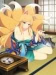  animal_ears arm_support bare_shoulders barefoot blush breasts cleavage fox_ears fox_tail grin highres japanese_clothes kimono kumi_(senran_kagura) large_breasts long_hair looking_at_viewer off_shoulder official_art orange_hair red_eyes senran_kagura senran_kagura_new_wave sitting smile solo tail very_long_hair yaegashi_nan 