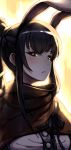  animal_ears bangs bara_art black_eyes black_hair blush breasts brown_cloak bunny_ears cloak closed_mouth commentary english_commentary highres long_hair looking_at_viewer medium_breasts narberal_gamma overlord_(maruyama) ponytail solo 
