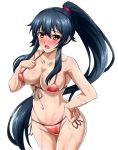  bikini black_hair blush breasts cleavage collarbone commentary_request cowboy_shot front-tie_top gradient hand_on_hip highres kantai_collection large_breasts long_hair navel open_mouth ponytail red_bikini red_eyes scrunchie side-tie_bikini sidelocks simple_background solo swimsuit wet white_background yahagi_(kantai_collection) zanntetu 