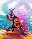 1girl arm_up bangs baseball_cap bike_shorts black_footwear black_shorts blunt_bangs cloud cloudy_sky commentary_request controller domino_mask hat holding holding_weapon inkling inkstrike_(splatoon) jumping leg_up logo long_hair long_sleeves looking_at_viewer mask one_eye_closed paint_splatter partial_commentary pink_eyes pink_hair pointy_ears red_hair red_shirt remote_control seeker_(splatoon) shirt shoes shorts sky smirk sneakers solo sparkle splatoon_(series) splatoon_1 star starry_background tatsuki_(pizza_no_tempra) tornado trigger_discipline v-shaped_eyebrows weapon 