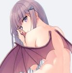  bare_shoulders breasts closed_mouth commentary_request convenient_arm demon_wings eyebrows_visible_through_hair from_behind grey_background hair_ornament hairclip head_tilt long_hair looking_at_viewer looking_back nude original purple_eyes purple_hair see-through sideboob sidelocks simple_background solo wings yashiro_seika 