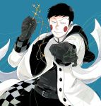  belt black_gloves black_hair blue_background blush_stickers checkered cross cross_necklace ekubo_(mob_psycho_100) gloves highres jewelry jewelry_removed mob_psycho_100 murasaki_nasu necklace necklace_removed solo standing string 
