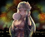  aerial_fireworks arm_up bangs blurry blurry_background blush breasts brown_kimono building closed_mouth cotton_candy depth_of_field eyebrows_visible_through_hair facial_mark fingernails fireworks food fox_mask girls_frontline green_eyes hk416_(girls_frontline) holding holding_food japanese_clothes kimono long_hair long_sleeves looking_at_viewer mask mask_on_head md5_mismatch medium_breasts melings_(aot2846) night night_sky obi outdoors sash silver_hair sky solo very_long_hair wide_sleeves 
