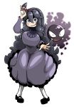  1girl @_@ ahoge black_hair breasts creatures_(company) dress full_body game_freak ghastly hairband hex_maniac_(pokemon) impossible_clothes knees_together_feet_apart large_breasts long_dress long_hair long_sleeves looking_at_viewer nintendo pokeball pokemon pokemon_(creature) pokemon_(game) pokemon_xy purple_eyes shoes simple_background smile standing sweatdrop sweater tazonotanbo turtleneck turtleneck_sweater very_long_hair white_background 