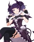  bangs bat_wings black_legwear claw_pose commentary crossed_legs demon_horns demon_tail diagonal_bangs dress fingerless_gloves fur_trim gloves highres horns idolmaster idolmaster_shiny_colors looking_at_viewer nagami_tami nail_polish parted_lips purple_eyes purple_hair short_twintails sitting tail tanaka_mamimi thighhighs twintails wings 