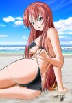  ass beach bikini black_bikini blue_eyes braid breasts cloud commentary_request dated day eyebrows_visible_through_hair graphite_(medium) hair_between_eyes highres hong_meiling large_breasts long_hair looking_at_viewer mechanical_pencil ocean pencil red_hair sand sand_on_skin shino-puchihebi side_braids signature sitting smile swimsuit touhou traditional_media underboob very_long_hair 
