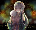  aerial_fireworks arm_up bangs blurry blurry_background blush breasts brown_kimono building closed_mouth cotton_candy depth_of_field eyebrows_visible_through_hair facial_mark fingernails fireworks food fox_mask girls_frontline green_eyes hk416_(girls_frontline) holding holding_food japanese_clothes kimono long_hair long_sleeves looking_at_viewer mask mask_on_head md5_mismatch medium_breasts melings_(aot2846) night night_sky obi outdoors revision sash silver_hair sky solo very_long_hair wide_sleeves 