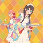  :d ;d akashi_(kantai_collection) alternate_costume alternate_hairstyle apron aqua_eyes aqua_kimono argyle argyle_background bad_hands bangs black_hair blunt_ends blush braid cake cherry cocktail_glass colis colorful commentary_request crossed_bangs cup drinking_glass floral_print flower food frilled_apron frills fruit glasses green_eyes hair_flower hair_ornament hair_over_shoulder hair_ribbon holding holding_tray ice_cream ice_cream_float japanese_clothes kantai_collection kimono large_hands long_hair long_sleeves looking_at_viewer low_twintails maid_apron maid_headdress melon_soda multiple_girls one_eye_closed ooyodo_(kantai_collection) open_mouth pale_color pastel_colors pink_hair print_kimono red_flower red_ribbon ribbon semi-rimless_eyewear sidelocks smile tray tress_ribbon twin_braids twintails twitter_username under-rim_eyewear wa_maid white_apron wide_sleeves 