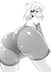  absurdres aimo_(aimo1214) ass bike_shorts blush cameltoe greyscale highres looking_at_viewer looking_back monochrome open_mouth senki_zesshou_symphogear short_hair simple_background solo tachibana_hibiki_(symphogear) white_background 