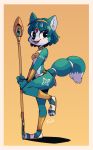  2018 anthro armor bandeau border canine cheek_tuft choker claws clothed clothing cute_fangs dipstick_tail female footwear fox fuel_(artist) gradient_background greaves headdress holding_object krystal loincloth looking_at_viewer mammal markings multicolored_tail nintendo one_leg_up open_mouth open_smile orange_background sandals side_view signature simple_background smile staff star_fox tailband toe_claws tribal_markings tuft vambraces video_games white_border 