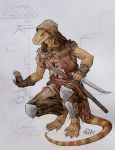  0laffson 2015 4_toes anthro barefoot clothed clothing crouching dagger dinosaur holding_object holding_weapon melee_weapon raptor solo theropod toes traditional_media_(artwork) weapon 