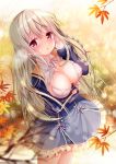  :o arm_under_breasts autumn_leaves bangs bikini_top blue_dress blush breast_hold breasts cleavage collared_shirt commentary_request dress eyebrows_visible_through_hair fingernails front-tie_bikini front-tie_top hair_between_eyes hand_up heavy_breathing highres large_breasts leaf light_brown_hair long_hair long_sleeves looking_at_viewer maple_leaf neck_ribbon original parted_lips pink_ribbon pleated_dress red_eyes ribbon shirt sleeves_past_wrists solo sousouman standing sweat very_long_hair white_bikini_top white_shirt 