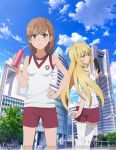  2girls blonde_hair brown_eyes brown_hair city clouds controller gold_eyes gym_uniform long_hair looking_back misaka_mikoto multiple_girls official_art remote_control shokuhou_misaki short_hair shorts sky thighhighs to_aru_kagaku_no_railgun to_aru_majutsu_no_index zettai_ryouiki 