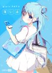  bag bangs blue blue_background blue_eyes blue_hair blue_nails blush cellphone closed_mouth commentary_request dress earrings eyebrows_visible_through_hair fingernails hair_between_eyes holding holding_bag holding_cellphone holding_phone jewelry long_hair looking_at_viewer looking_back nail_polish original phone pixiv pixiv-tan shiratama_(shiratamaco) shopping_bag short_sleeves sidelocks solo twintails two-tone_background very_long_hair white_dress 