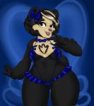  2016 5_fingers anthro arm_tuft bear big_breasts bikini biped black_fur black_hair black_lips black_markings black_tail blonde_hair blue_background blue_clothing blue_theme bow_tie breasts brown_nose butt_from_front camel_toe chest_markings clothed clothing digital_drawing_(artwork) digital_media_(artwork) edith_(halostar) facial_markings fangs female frilly front_view fur hair hair_bow hair_ribbon half-length_portrait hand_on_face humanoid_hands looking_at_viewer mammal markings midriff multicolored_fur multicolored_hair navel nipple_bulge open_mouth open_smile pink_tongue pinup pointing portrait pose ribbons rileyserenity short_hair short_tail simple_background skimpy slightly_chubby sling_bikini small_waist smile snout solo spectacled_bear standing swimsuit tan_fur tan_markings thick_thighs tongue two_tone_fur two_tone_hair voluptuous wide_hips yellow_eyes 