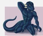  2018 4_toes abs anthro argonian balls barefoot biceps biped blue_balls blue_claws blue_penis blue_scales blue_tail brown_eyes claws digital_media_(artwork) front_view full-length_portrait glans hand_behind_back humanoid_penis kneeling long_tail looking_at_viewer male muscular muscular_male nighteternal2469 nude pecs penis pinup portrait pose scales scalie simple_background solo spikes the_elder_scrolls thick_tail toe_claws toes tristen vein veiny_penis video_games watermark 