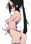  1girl :p ass back black_hair black_panties breasts female from_side horns kimura_akiyoshi legwear long_hair long_ponytail looking_at_viewer nude original panties pointy_ears ponytail red_eyes side-tie_panties simple_background small_breasts solo spoken_blush sweat tongue tongue_out underwear upper_body white_background 