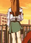  1girl 90s animated animated_gif blue_seed brown_hair coat embarrassed fujimiya_momiji lift panties skirt skirt_lift underwear upskirt wind 