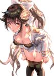  absurdres adjusting_clothes adjusting_legwear azur_lane bangs black_bra black_hair black_legwear blush bow bra breasts brown_eyes commentary_request denchu_(kazudentyu) eyebrows_visible_through_hair hair_bow hair_flaps highres jacket large_breasts lingerie long_hair looking_at_viewer military military_uniform mole mole_under_eye open_clothes open_jacket open_mouth pantyhose pleated_skirt ponytail ribbon skirt solo swept_bangs takao_(azur_lane) tareme underwear uniform very_long_hair white_bow 