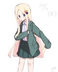  abigail_williams_(fate/grand_order) bangs black_bow blazer blonde_hair blue_eyes blush bow closed_mouth collared_shirt commentary_request dated dressing eyebrows_visible_through_hair fate/grand_order fate_(series) forehead green_jacket green_skirt hair_bow highres jacket kujou_karasuma long_hair long_sleeves looking_at_viewer open_blazer open_clothes open_jacket orange_bow parted_bangs pleated_skirt school_uniform shirt signature simple_background sketch skirt sleeves_past_fingers sleeves_past_wrists solo standing very_long_hair white_background white_shirt 