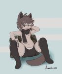  anthro aronhilistix bulge clothed clothing feline fur hair legwear male mammal pillow scarf simple_background sitting solo thigh_highs 