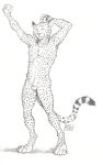  0laffson animal_genitalia anthro armpit_hair athletic ball_tuft balls cheetah crotch_tuft digitigrade dipstick_ears dipstick_tail enorach_(0laffson) eyes_closed feline fully_sheathed fur male mammal multicolored_tail nude pawpads scar sheath signature simple_background solo spots spotted_fur standing stretching traditional_media_(artwork) white_background 