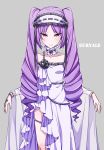  bare_shoulders black_bow blush bow bracelet character_name closed_mouth collarbone drill_hair euryale eyebrows_visible_through_hair fate/grand_order fate_(series) grey_background headdress highres jewelry long_hair looking_at_viewer purple_eyes purple_hair sajiwa_(namisippo) simple_background smile solo twin_drills very_long_hair 