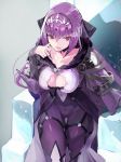  bangs bodysuit breasts cleavage cleavage_cutout commentary_request fate/grand_order fate_(series) fur_trim grey_background hair_between_eyes highres jewelry large_breasts long_hair looking_at_viewer purple_hair red_eyes scathach_(fate)_(all) scathach_skadi_(fate/grand_order) sitting smile solo taishi_(picchiridou) throne tiara 
