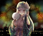  aerial_fireworks arm_up bangs blurry blurry_background blush breasts brown_kimono building closed_mouth cotton_candy depth_of_field eyebrows_visible_through_hair facial_mark fingernails fireworks food fox_mask girls_frontline green_eyes hk416_(girls_frontline) holding holding_food japanese_clothes kimono long_hair long_sleeves looking_at_viewer mask mask_on_head md5_mismatch medium_breasts melings_(aot2846) night night_sky obi outdoors revision sash silver_hair sky solo very_long_hair wide_sleeves 