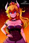  2018 animal_humanoid blonde_hair blue_eyes bowser bowsette_meme bracelet breasts cleavage clothed clothing collar crown female hair horn humanoid jewelry long_hair looking_at_viewer mario_bros nintendo piercing portrait sharp_teeth solo spiked_bracelet spiked_collar spikes super_crown teeth the-butcher-x video_games 