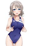  ass_visible_through_thighs bangs bare_shoulders blue_eyes blush breast_poke breasts collarbone commentary_request competition_swimsuit covered_navel eyebrows_visible_through_hair grey_hair hair_between_eyes large_breasts looking_at_viewer love_live! love_live!_sunshine!! miel_(lessontome) nipple_rub one-piece_swimsuit open_mouth poking poking_self self_fondle short_hair simple_background smile solo swimsuit thigh_gap upper_teeth watanabe_you wet white_background 