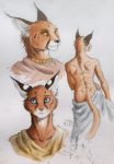  0laffson 2015 anthro bare_back blue_eyes brown_fur caracal duo ear_piercing feline fur jewelry male mammal necklace nude piercing standing traditional_media_(artwork) 