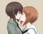  brown_eyes brown_hair closed_eyes girls_und_panzer hand_on_another's_shoulder height_difference incest kiss looking_at_another multiple_girls mutsu_(layergreen) necktie nishizumi_maho nishizumi_miho sailor_collar school_uniform short_hair siblings sisters tan_background upper_body yuri 