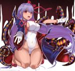  bangs bb_(fate)_(all) bb_(swimsuit_mooncancer)_(fate) black_coat blunt_bangs breasts covered_navel fate/grand_order fate_(series) foreshortening full_body gatari gloves hair_ribbon highres impossible_clothes impossible_leotard kneeling leotard long_hair looking_at_viewer medium_breasts popped_collar purple_hair red_eyes red_footwear red_ribbon ribbon sideboob solo tan tentacles very_long_hair white_gloves white_leotard 