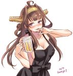  alcohol alternate_costume apron beer black_apron blush breasts brown_hair commentary_request cup eyebrows_visible_through_hair kantai_collection kongou_(kantai_collection) large_breasts long_hair looking_at_viewer medium_breasts naked_apron purple_eyes simple_background solo u0709 white_background 