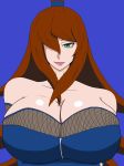  1girl areolae auburn_hair blue_background breasts cleavage eyebrows eyelashes female green_eyes hair_tie huge_breasts lipstick long_hair makeup naruto naruto_(series) naruto_shippuuden navel neck smile solo terumi_mei 