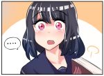  1girl black_hair blush book closing_book comic eyebrows_visible_through_hair highres hinghoi implied_yuri medium_hair open_mouth original red_eyes solo speech_bubble spoken_ellipsis surprised 