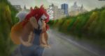  2018 anthro autumn building canine city clothed clothing detailed_background digital_drawing_(artwork) digital_media_(artwork) female forest fox fur hair hi_res lake mammal maple_(mexifurfoof) mexifurfoof open_mouth outside park river sky smile solo standing tree walking water 